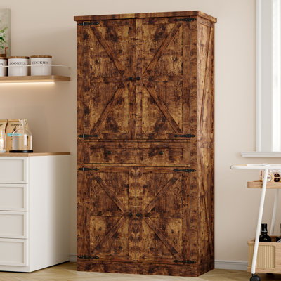 Farmhouse Pantry Cabinet with Barn Doors, Adjustable Shelves & Drawer - 67.7" Tall Kitchen Storage