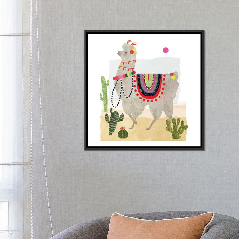 «Llamarama I», impression sur toile tendue, H 18 po x l 18 po x P 1,5 po, Toile avec cadre noir, Pas de tapis