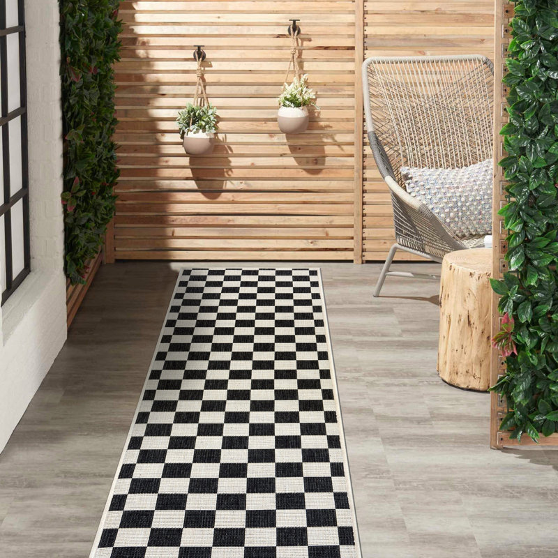 Tapis intérieur / extérieur contemporain à carreaux réversible résistant aux intempéries, Tapis de couloir de 2 pi x 7 pi