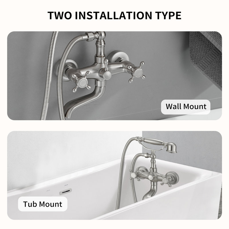 Brushed Nickel Double Handle Wall Mount Tub Faucet