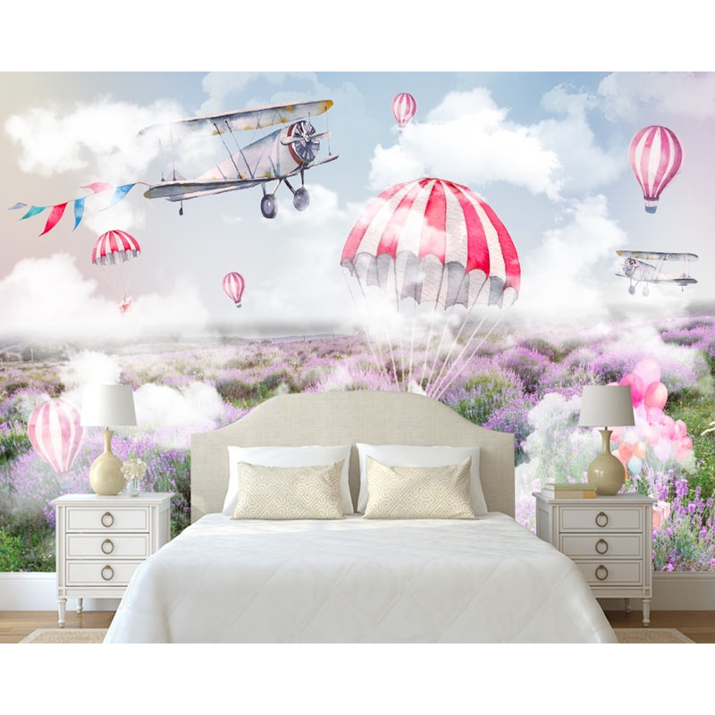 Papier peint amovible avec montgolfière avec lavandes brumeuses, L 9 po x l 15 po