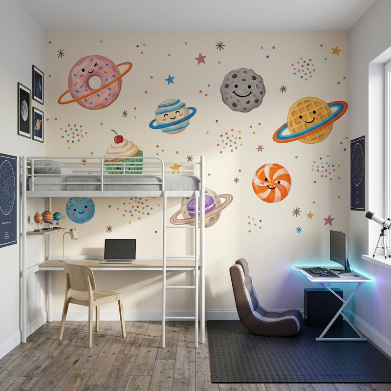 Décoration murale amovible Space Desserts Donut Planète Kawaii, 200 po x 120 po, Peler et coller