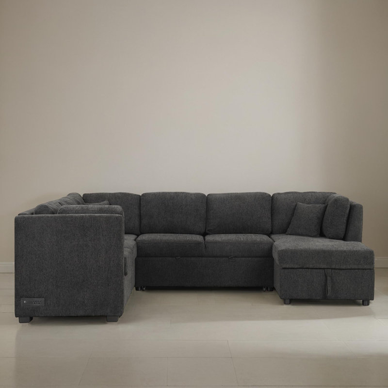 109" U-shaped Pull Out Sleeper Sectional Sofa Bed With USB Ports, Black Chenille