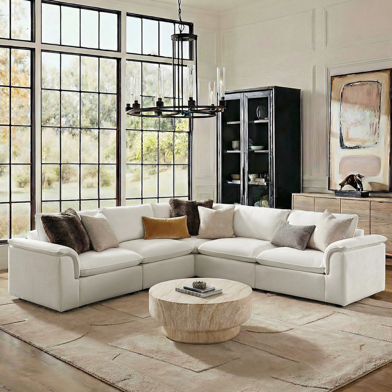 Cioffi 114"W Oversized L Shaped 5 Piece Down Blend Modular Cloud Sectional Sofa with Removable Cushion Cover, Ivory