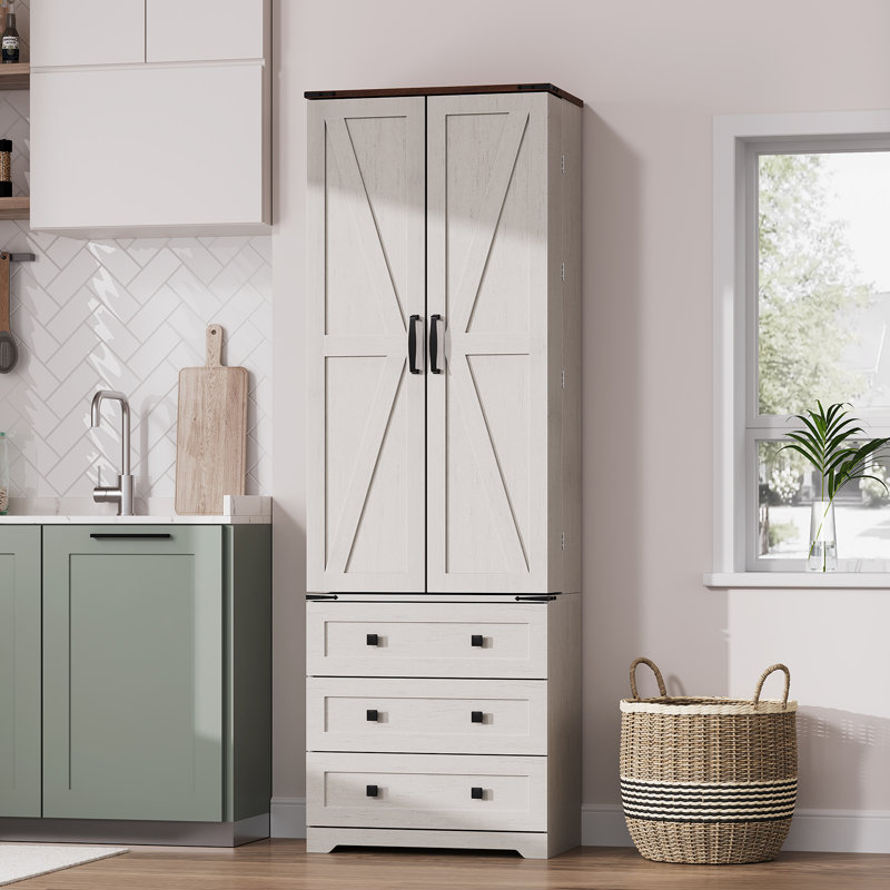 Armoire de cuisine 72 "avec portes de grange et 3 tiroirs avec tablettes réglables, Blanc