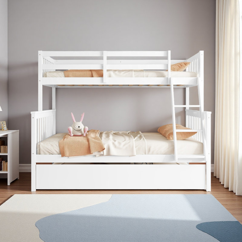 Lit simple superposé en bois d'hévéa simple avec lit gigogne, échelle convertible et garde-corps, amovible, Blanc