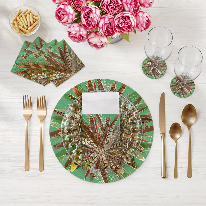 Pheasant Feathers Vegan Leather Round Pebble Placemat, Green