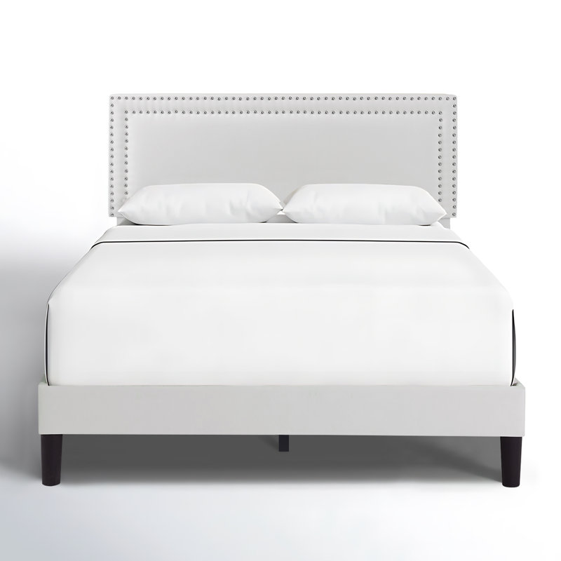 Lit plateforme tapissier pleine grandeur en velours blanc avec tête de lit réglable, cadre de lit moderne avec lattes de bois, aucun sommier requis
