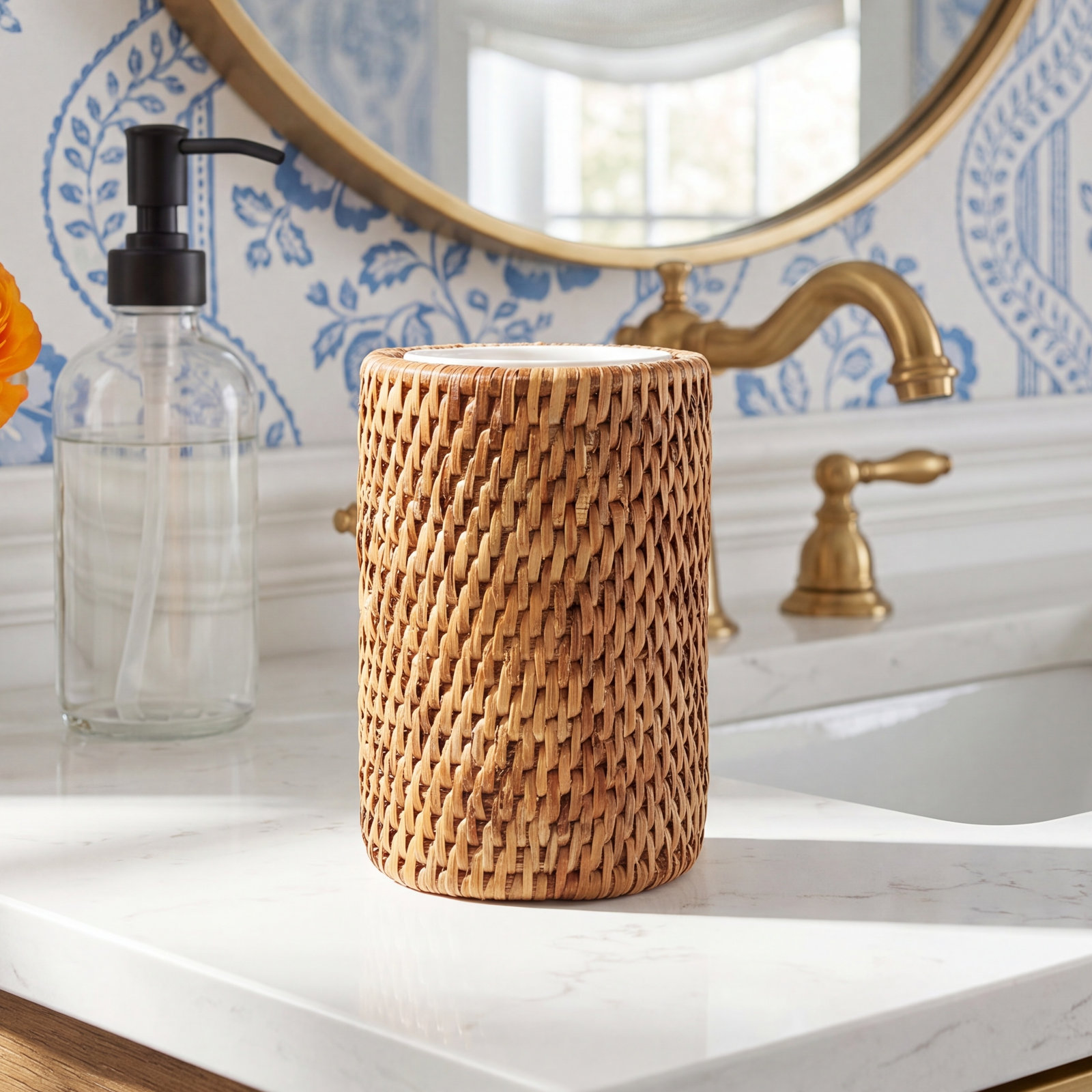 Artifacts Rattan Round Tumbler with Ceramic Insert, Honey Brown