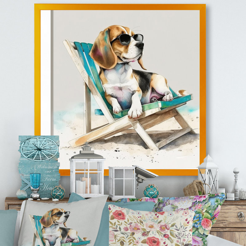 Chien sur la plage II - art mural sur toile, H 16 po x l 16 po, Cadre flottant brun
