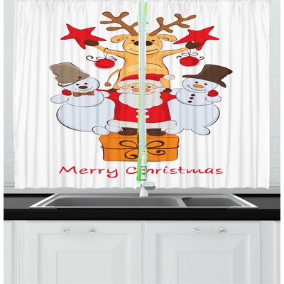 2 Piece Christmas Funny Company of Santa Claus Snowmen and Reindeer Xmas Joy Cartoon Kitchen Curtain Set -  East Urban Home, FA217DB989304A76BEA42409D9DF57A2