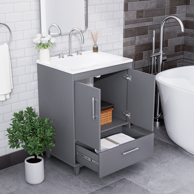 24" Single Bathroom Vanity With Resin Top And Sink Freestanding, Gray