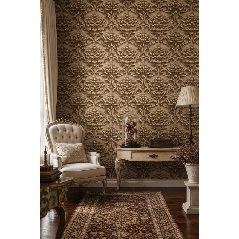 Papier peint damassé orné, motif floral en relief, fresque murale baroque vintage, Peel and Stick