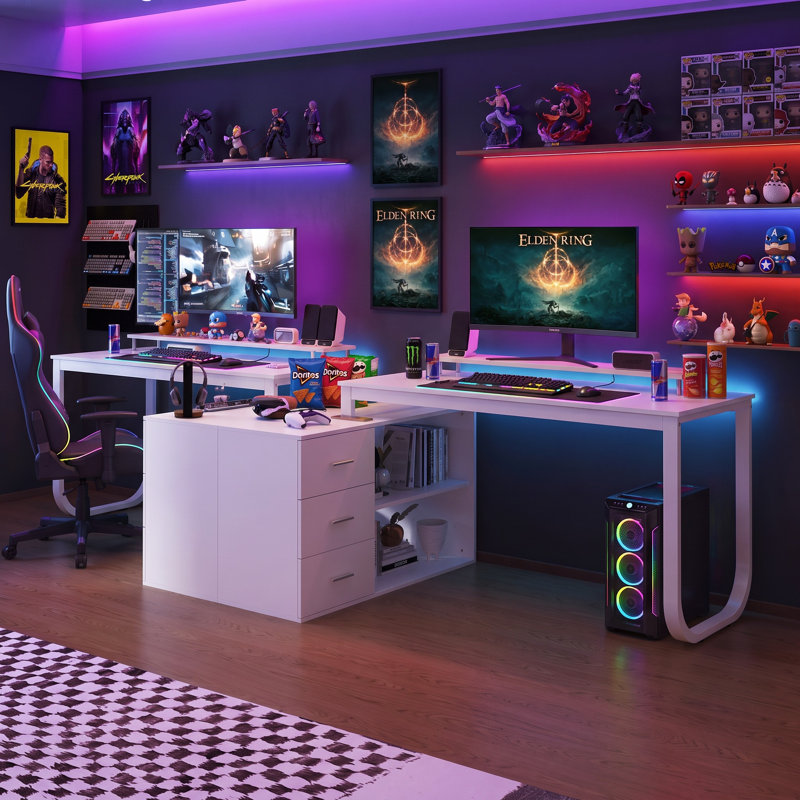 Ensemble de bureau de direction modulaire en 2 pièces avec tiroirs et étagères de rangement, poste de travail flexible en forme de L pour bureau à domicile