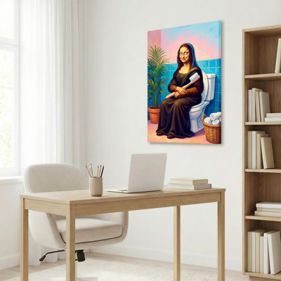 Mona Lisa assise sur une toilette avec brosse à dents, reproduction d'art sur toile tendue sur toile, ensemble de 1