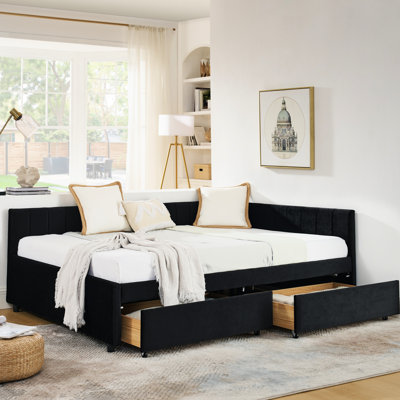 Full Size Velvet Upholstered Bed Frame With Two Drawers, Comfortable , Contemporary Style For Family Room Size, Bed, Upholstery, Modern, Living