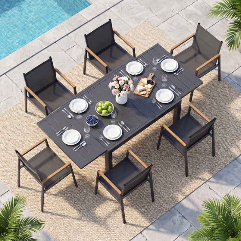 Expandable Outdoor Dining Set for 6, 48"-79" Aluminum Patio Table and 6 Chairs with Textilene Fabric & HDPS Armrests, Gray