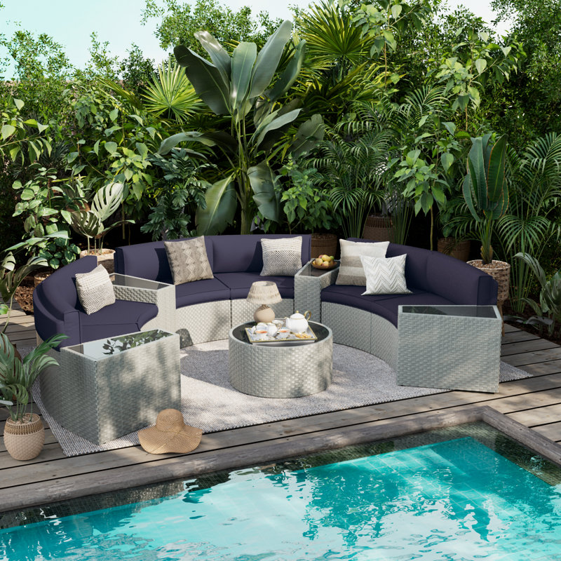 Half-Moon 6 - Person Fully Assembled Curved Patio Conversation Set With Coffee Table & Side Table, Navy