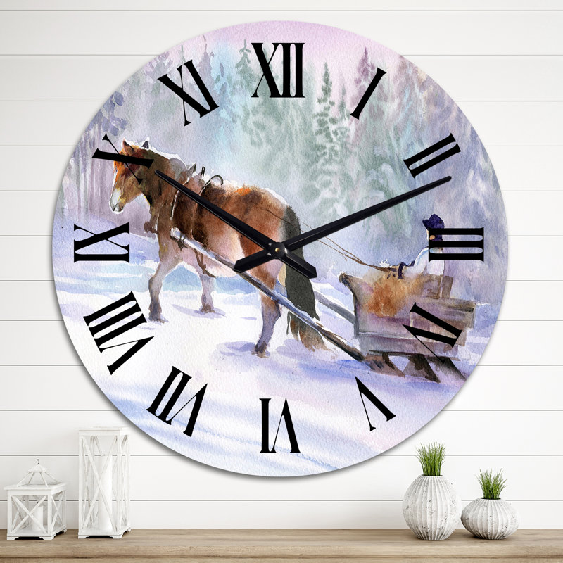 Cheval avec un traîneau dans un paysage enneigé - Horloge murale traditionnelle, Médium