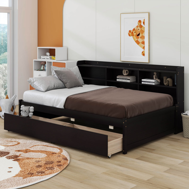 Bed With Side Bookcase, Drawers, Full