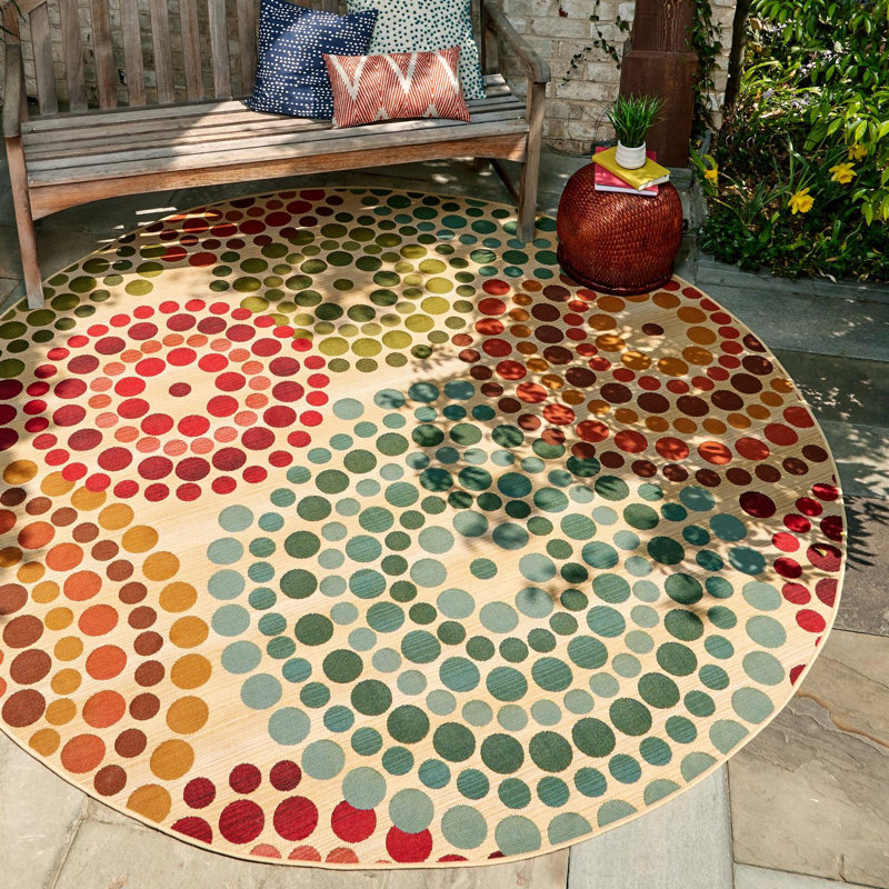 Tapis intérieur / extérieur vert / beige / rouge / turquoise Deweese, Rond 8 pi