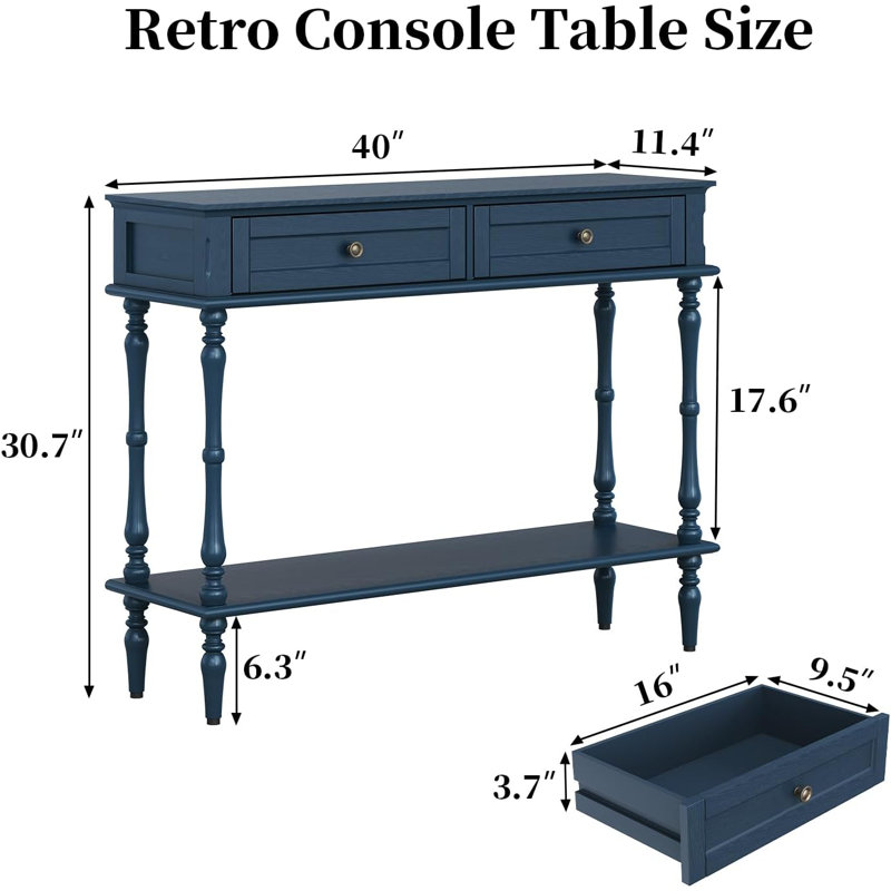 Console Table for Entryway with 2 Drawers-Minimal Assembly Blue Retro Entryway Table with Storage Cabinets and Open Shelf