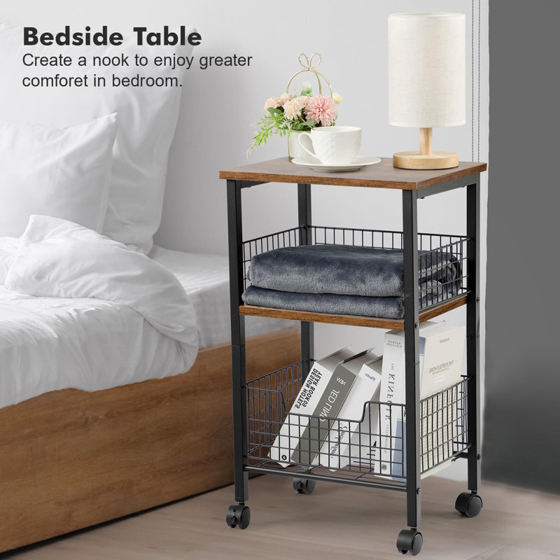 Rustic Brown 3-Tier Side Table with Metal Frame and Storage Basket