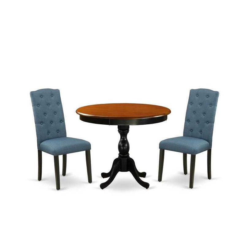 Cet ensemble de salle à manger 3 pièces se compose d'une table de salle à manger et de 2 chaises de salle à manger en lin bleu avec dossier capitonné - finition noire