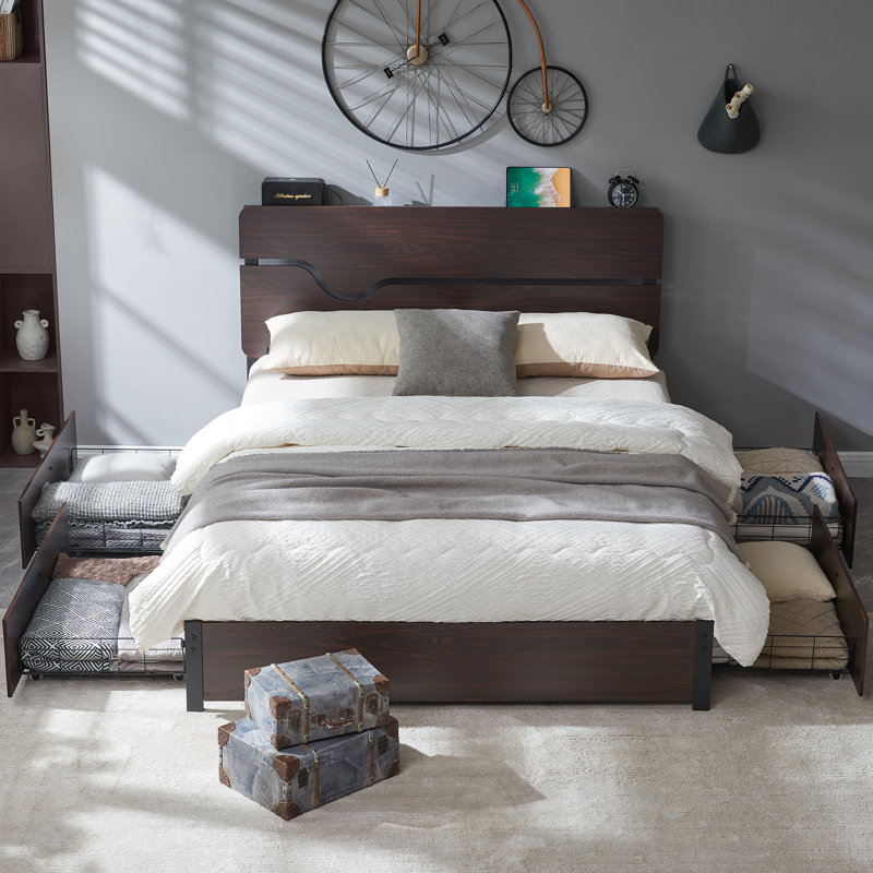 Walnut Wooden Bed with Headboard,USB Port,4 Storage Drawers, Queen