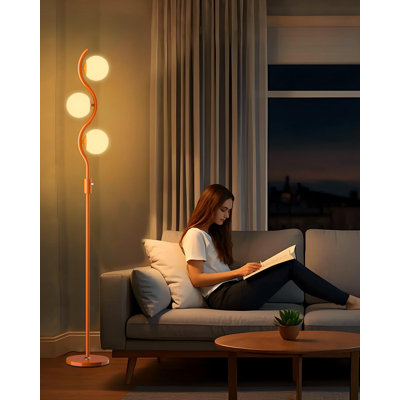 3-Globe Dimmable Floor Lamp Orange Mid Century Modern Standing Lamp with 3PCS 3000K Bulbs Included Stepless Brightness Adjustable Stable Base for Living Room/Bedroom/Sofa Beside/Corner Decor