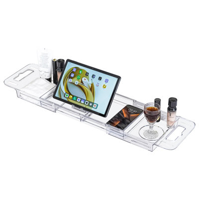 Expandable Bathtub Tray (22-31") - Transparent Bath Caddy with Non-Slip Pads, Adjustable Spa Table for Wine, Books & Phone, Perfect Housewarming for Women