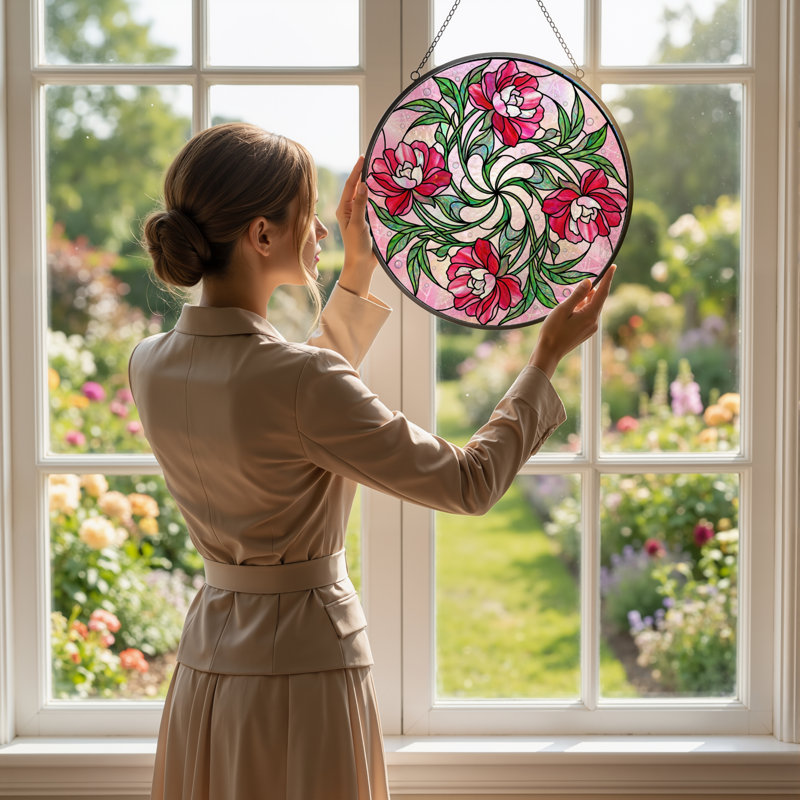 Panneau de vitrail à motif floral, H 12 po x l 12 po
