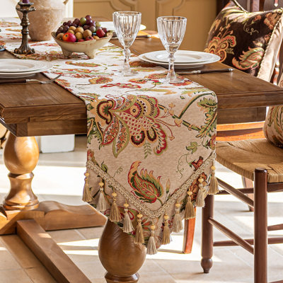 Vintage Floral Chenille Non-Slip Table Runner with Beaded Tassels,Palmera Beige,13" x 108"