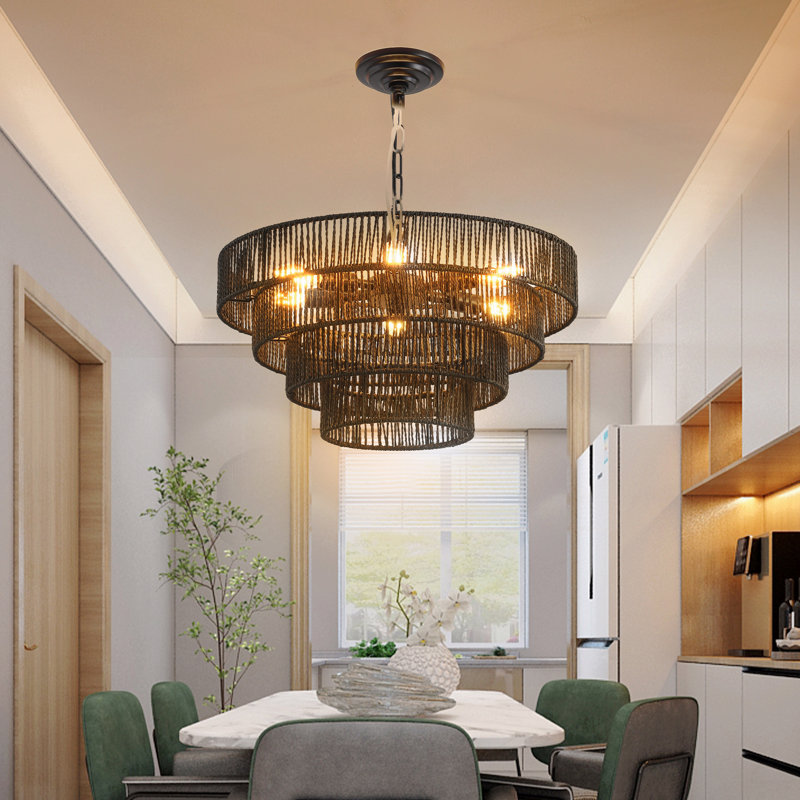 Lustre suspendu 20 po en corde de chanvre noir 20 po avec 6 douilles E12, plafonnier bohème fait à la main, Six lumières