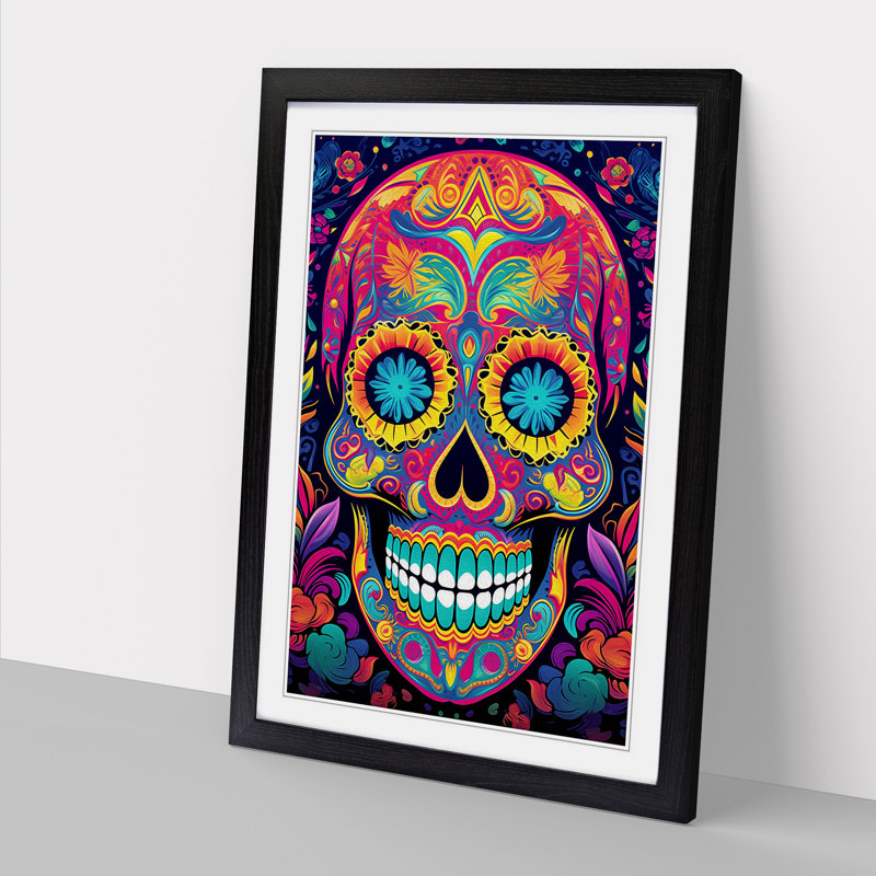 Sugar Skull Colour Field No.2 - Single Picture Frame Print on Wood, 64cm H x 46cm W x 2cm D, Black