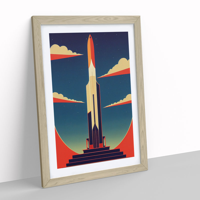 XV1022-4002X Spaceship Rocket Art Deco No.2 - Single Picture Frame Print, 46cm H x 34cm W x 2cm D, Oak