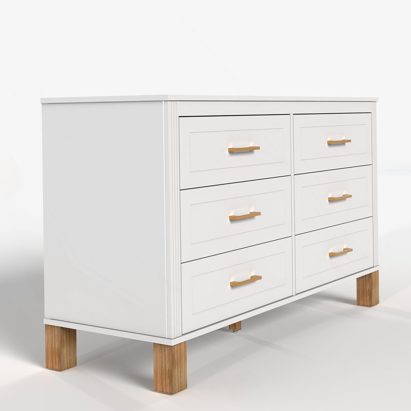 Commode 6 tiroirs, commode de rangement moderne avec poignées en métal et pieds en bois massif, Blanc