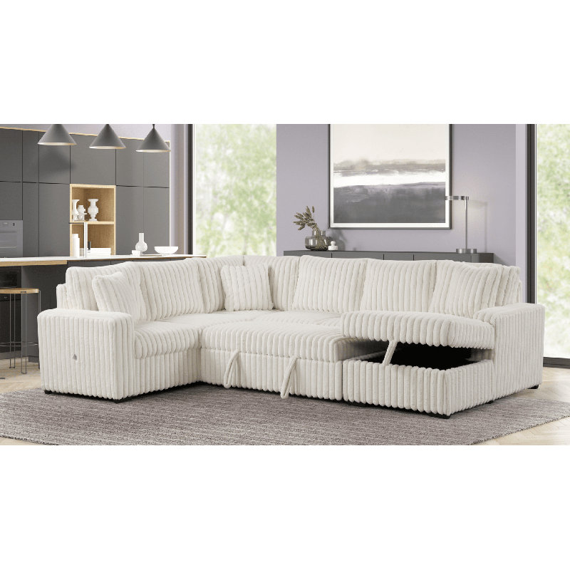 Raha II (White) Pull Out Bed Sectional, White Fabric