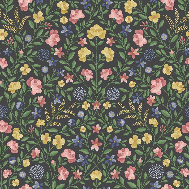 Floral Wallpaper Roll, Yellow/Rose/Hyacinth Blue/Charcoal