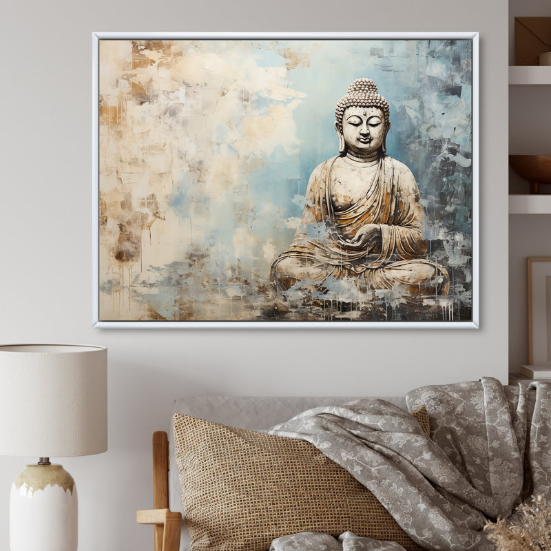 Statue simple bouddhisme - Art mural bouddhisme, Cadre flottant blanc, H 16 po x l 32 po x P 1 po