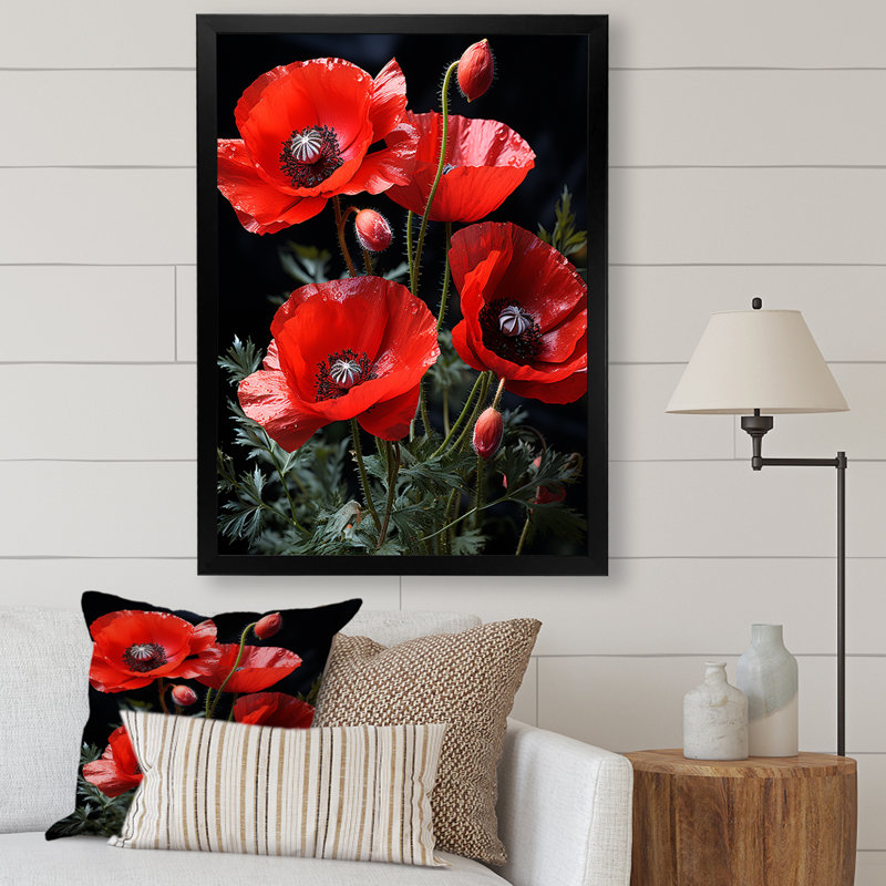 Cascade de Reds Dynamic Poppy Scene II - coquelicots, art mural, H 20 po x l 12 po x P 1 po, Cadre photo noir simple
