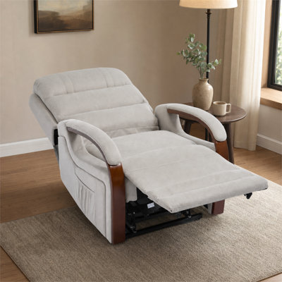 Fauteuil à hauteur réglable en velours égyptien beige à deux moteurs avec fonctions de massage et de chauffage et poches latérales; pratique pour la détente à la maison.