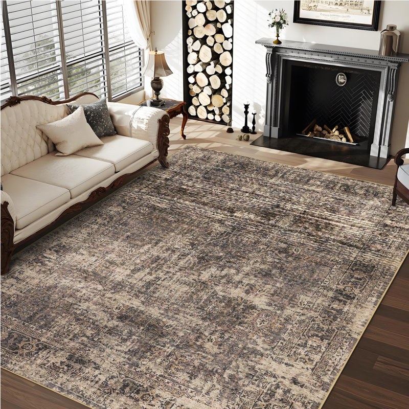  Living Room Rug 9x12 Area Rug Anti-Slip Backing Vintage Distressed Rug Machine Washable Big Nursery Rug for Bedroom Dining Room Office Red and Brown