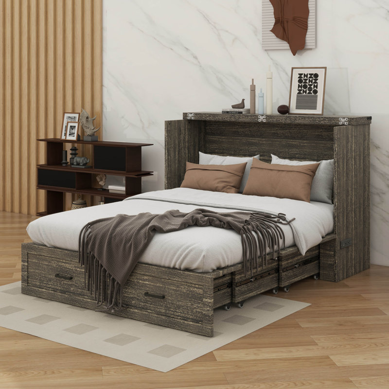 Full-Size Murphy Bed Cabinet With Integrated Charging Station, Multi-Functional Foldable Platform Bed Featuring  Storage Drawer