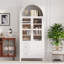 71 Inch Tall Arched Kitchen Pantry Cabinet With Adjustable Shelves, 2 Large Drawers, Glass Doors, And Modern Farmhouse Design For Versatile Storage