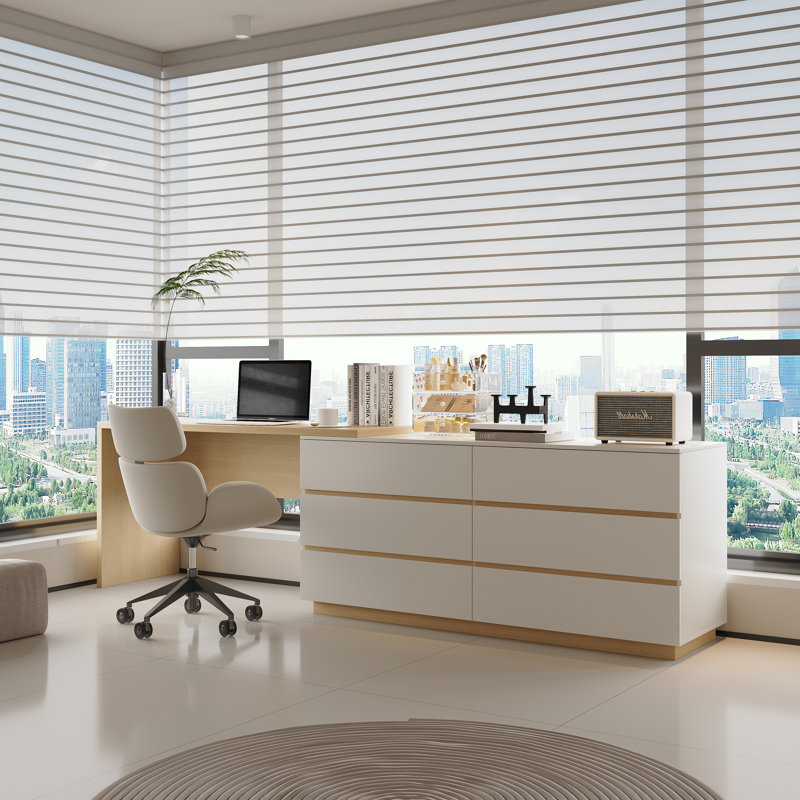 Bureau de coiffeuse extensible 97,6 po à 6 tiroirs, Ivoire et chêne