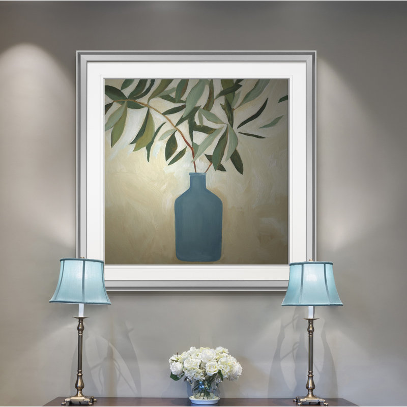 «green "still life v" , peinture, H 24 po x l 24 po x P 1,5 po, Encadrement argenté