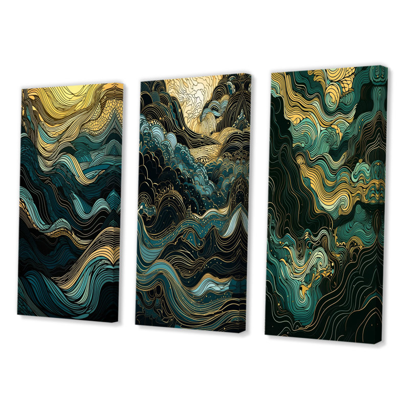 «Green Linear Symphony», 3 pièces sur toile, Toile tendue, H 20 po x l 36 po