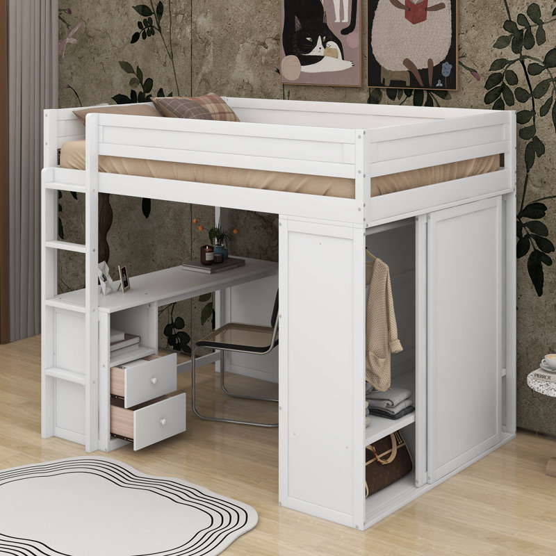 Lit mezzanine double avec placards et bureau, Blanc