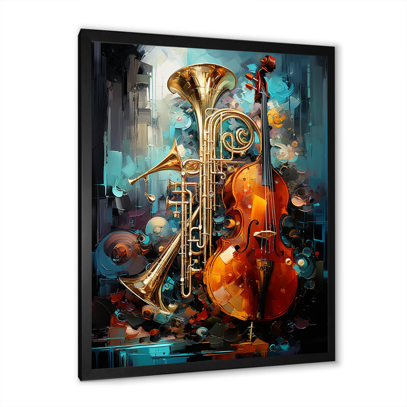 «Trombone Violen Tribute Jazzed Jade» sur toile, Cadre simple noir, H 40 po x l 30 po x P 1,5 po